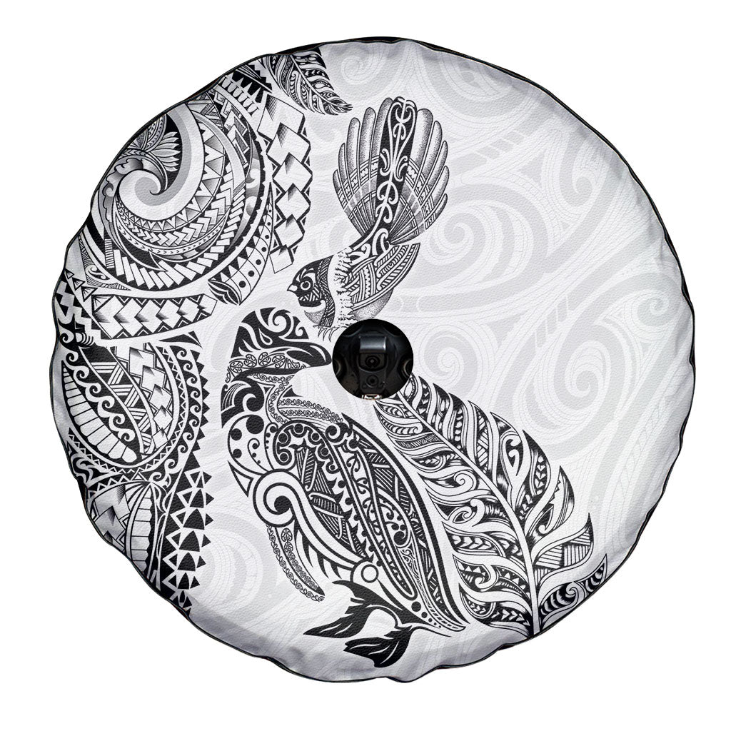 Aotearoa Moko Tribal Tattoo Spare Tire Cover New Zealand Maori Penguin and Fantail White Color LT03 - Polynesian Pride