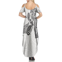Aotearoa Moko Tribal Tattoo Summer Maxi Dress New Zealand Maori Penguin and Fantail White Color LT03 - Polynesian Pride