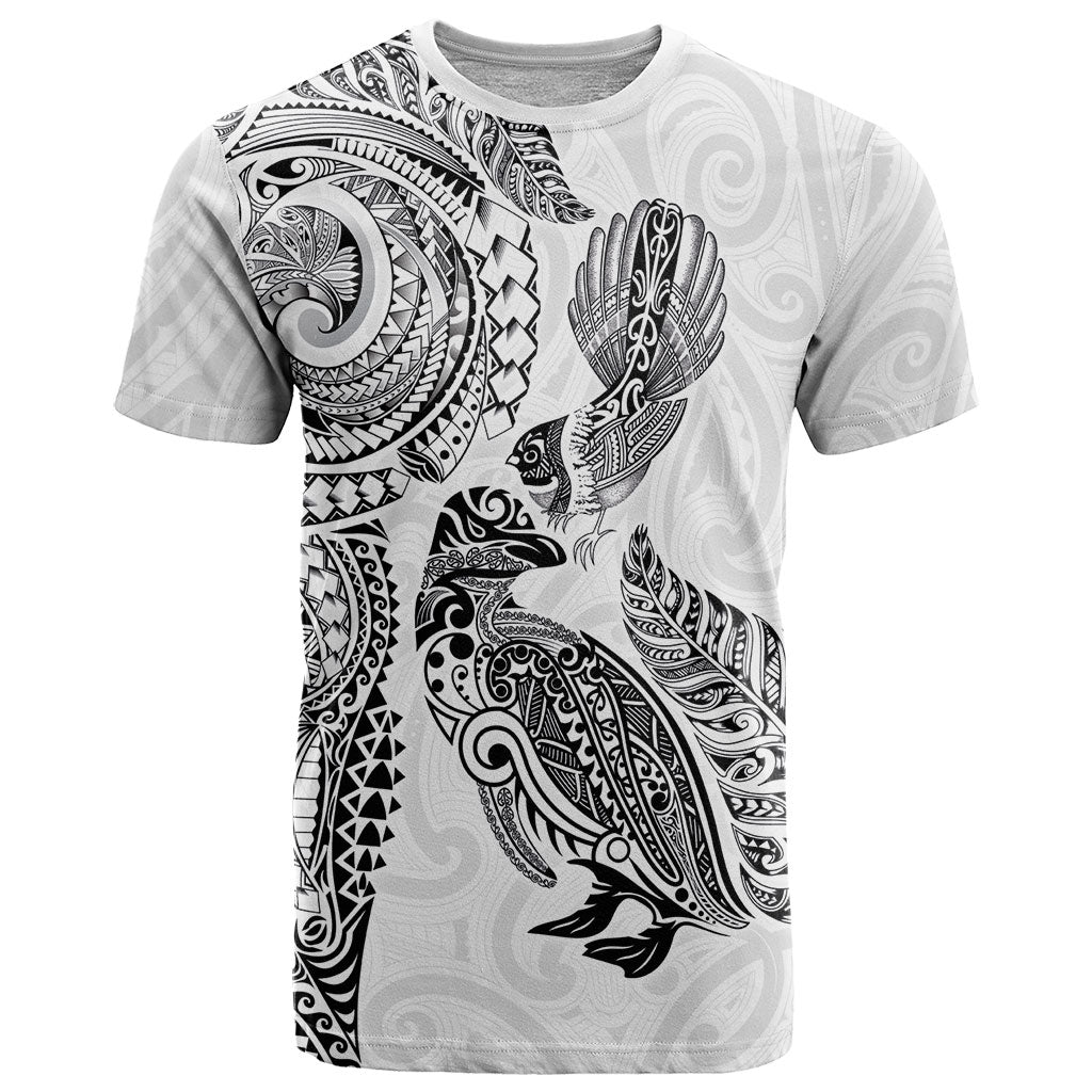 Aotearoa Moko Tribal Tattoo T Shirt New Zealand Maori Penguin and Fantail White Color LT03 White - Polynesian Pride