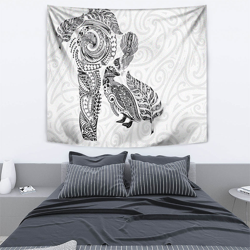 Aotearoa Moko Tribal Tattoo Tapestry New Zealand Maori Penguin and Fantail White Color LT03 - Polynesian Pride