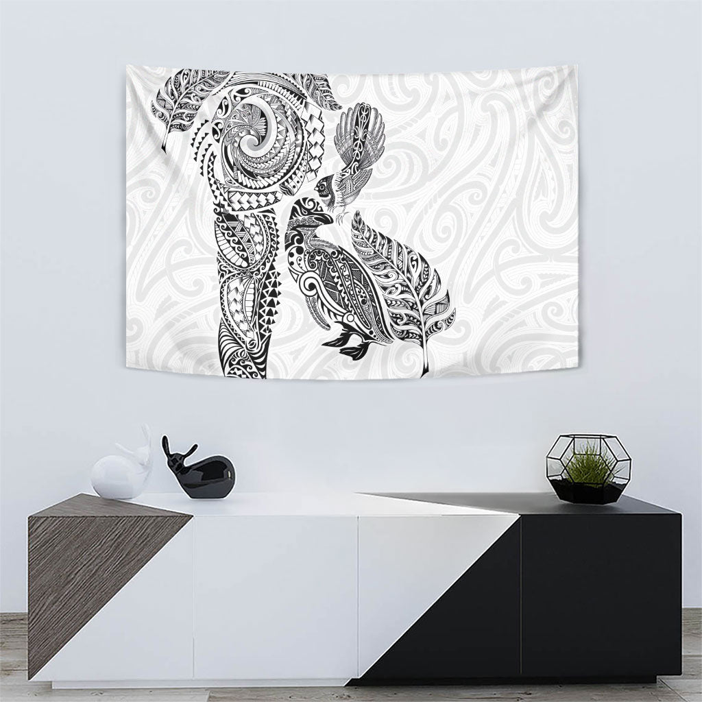 Aotearoa Moko Tribal Tattoo Tapestry New Zealand Maori Penguin and Fantail White Color LT03 - Polynesian Pride