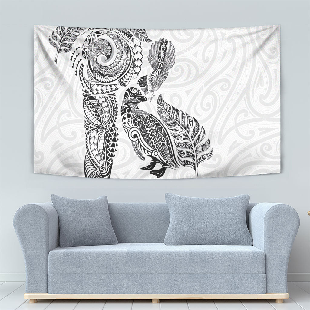 Aotearoa Moko Tribal Tattoo Tapestry New Zealand Maori Penguin and Fantail White Color LT03 - Polynesian Pride