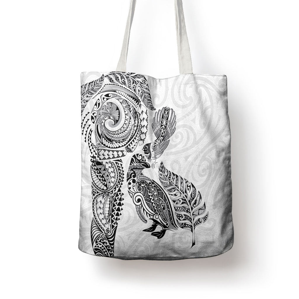 Aotearoa Moko Tribal Tattoo Tote Bag New Zealand Maori Penguin and Fantail White Color LT03 - Polynesian Pride