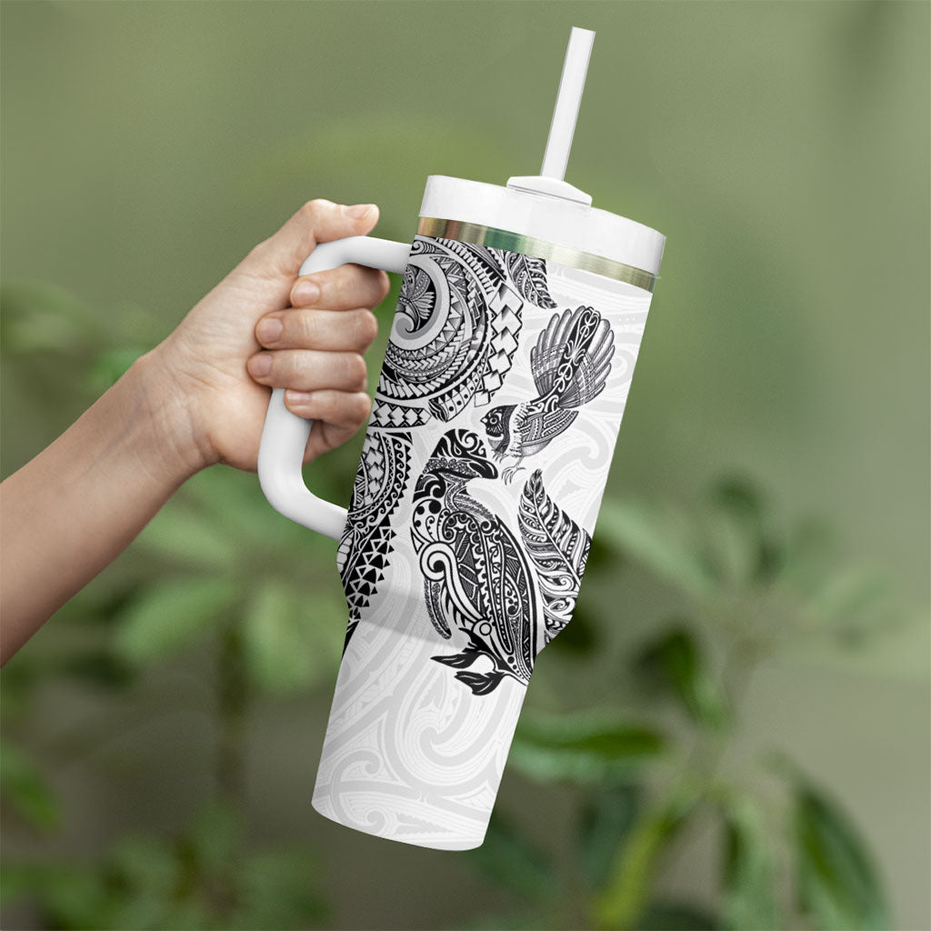 Aotearoa Moko Tribal Tattoo Tumbler With Handle New Zealand Maori Penguin and Fantail White Color LT03 - Polynesian Pride