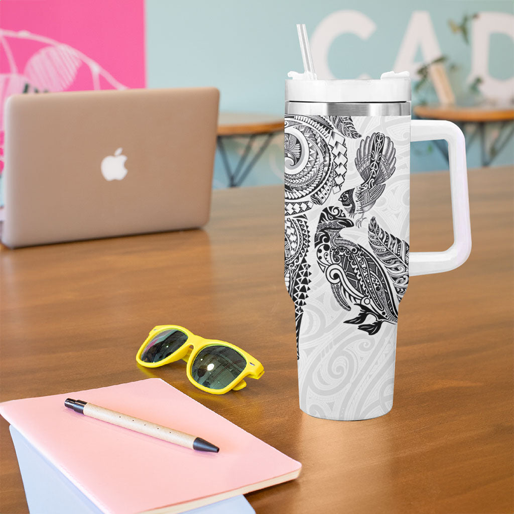 Aotearoa Moko Tribal Tattoo Tumbler With Handle New Zealand Maori Penguin and Fantail White Color LT03 - Polynesian Pride