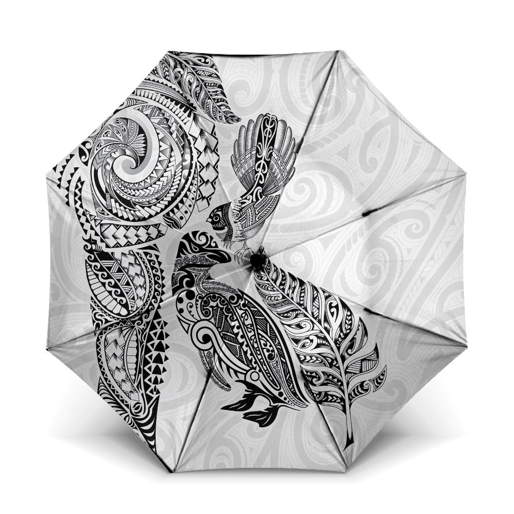 Aotearoa Moko Tribal Tattoo Umbrella New Zealand Maori Penguin and Fantail White Color LT03 One Size Folded 11.42 inch Opened Diameter 37.4 inch White - Polynesian Pride