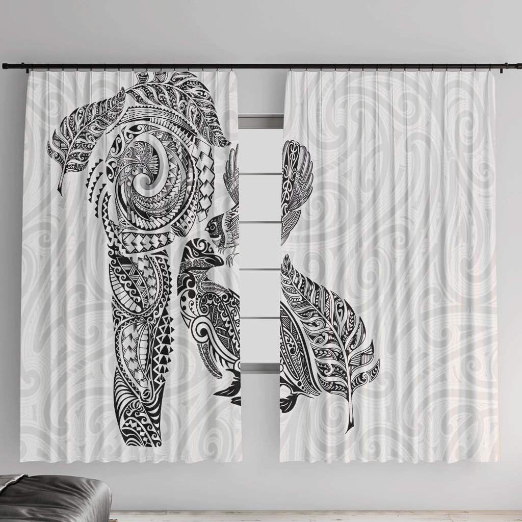 Aotearoa Moko Tribal Tattoo Window Curtain New Zealand Maori Penguin and Fantail White Color LT03 With Hooks White - Polynesian Pride