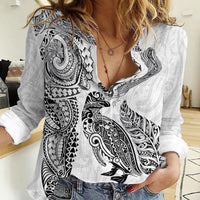 Aotearoa Moko Tribal Tattoo Women Casual Shirt New Zealand Maori Penguin and Fantail White Color