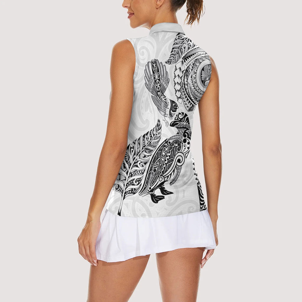 Aotearoa Moko Tribal Tattoo Women Sleeveless Polo Shirt New Zealand Maori Penguin and Fantail White Color LT03 - Polynesian Pride