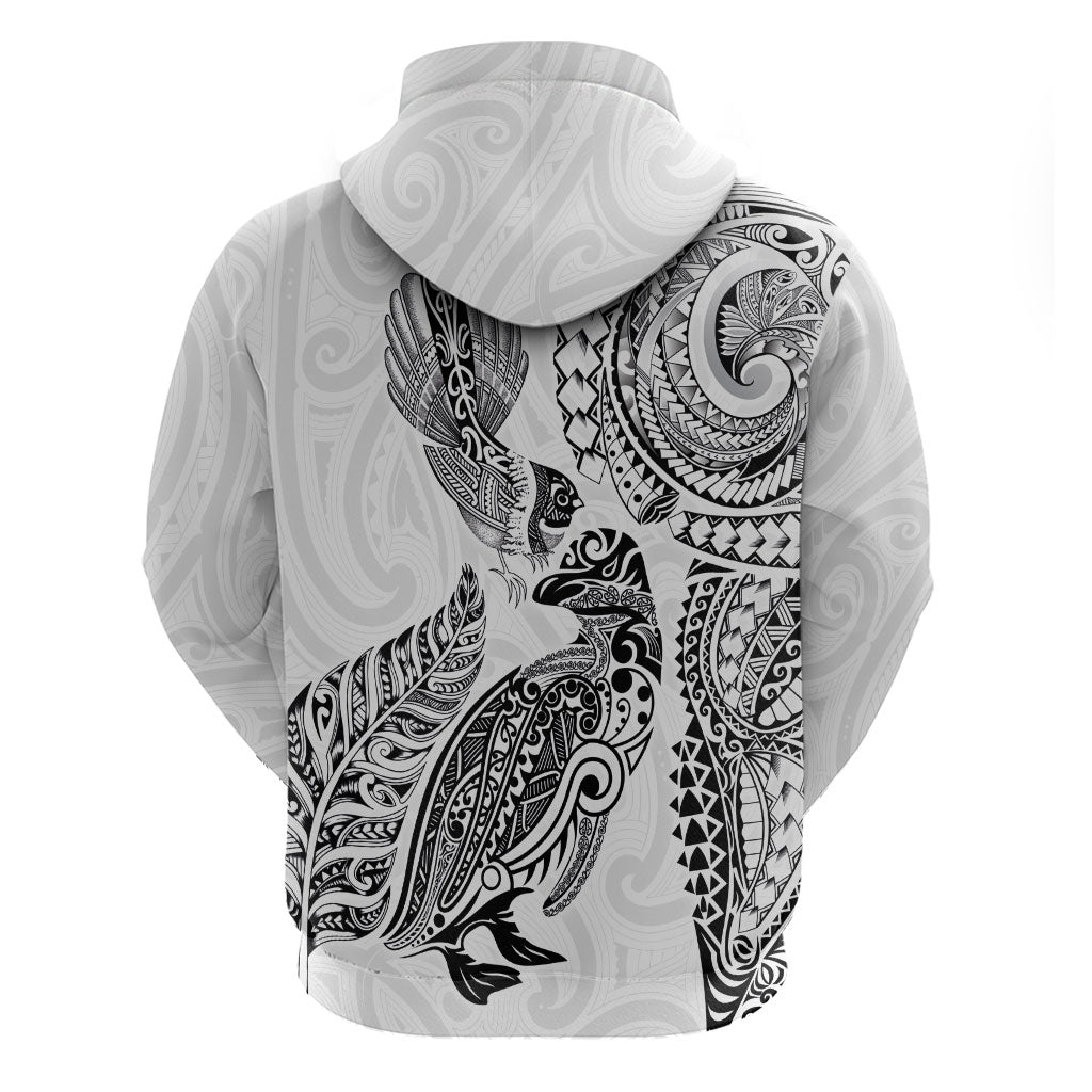 Aotearoa Moko Tribal Tattoo Zip Hoodie New Zealand Maori Penguin and Fantail White Color