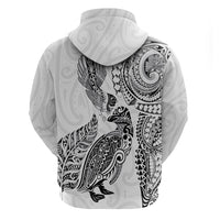 Aotearoa Moko Tribal Tattoo Zip Hoodie New Zealand Maori Penguin and Fantail White Color