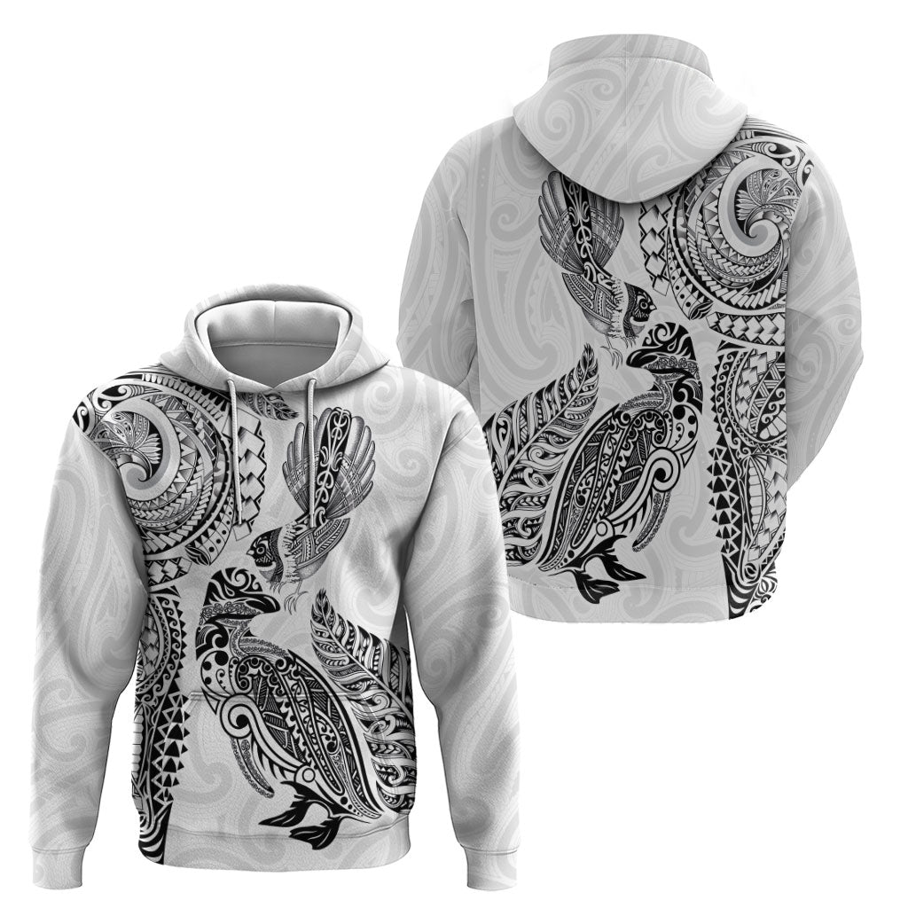 Aotearoa Moko Tribal Tattoo Zip Hoodie New Zealand Maori Penguin and Fantail White Color