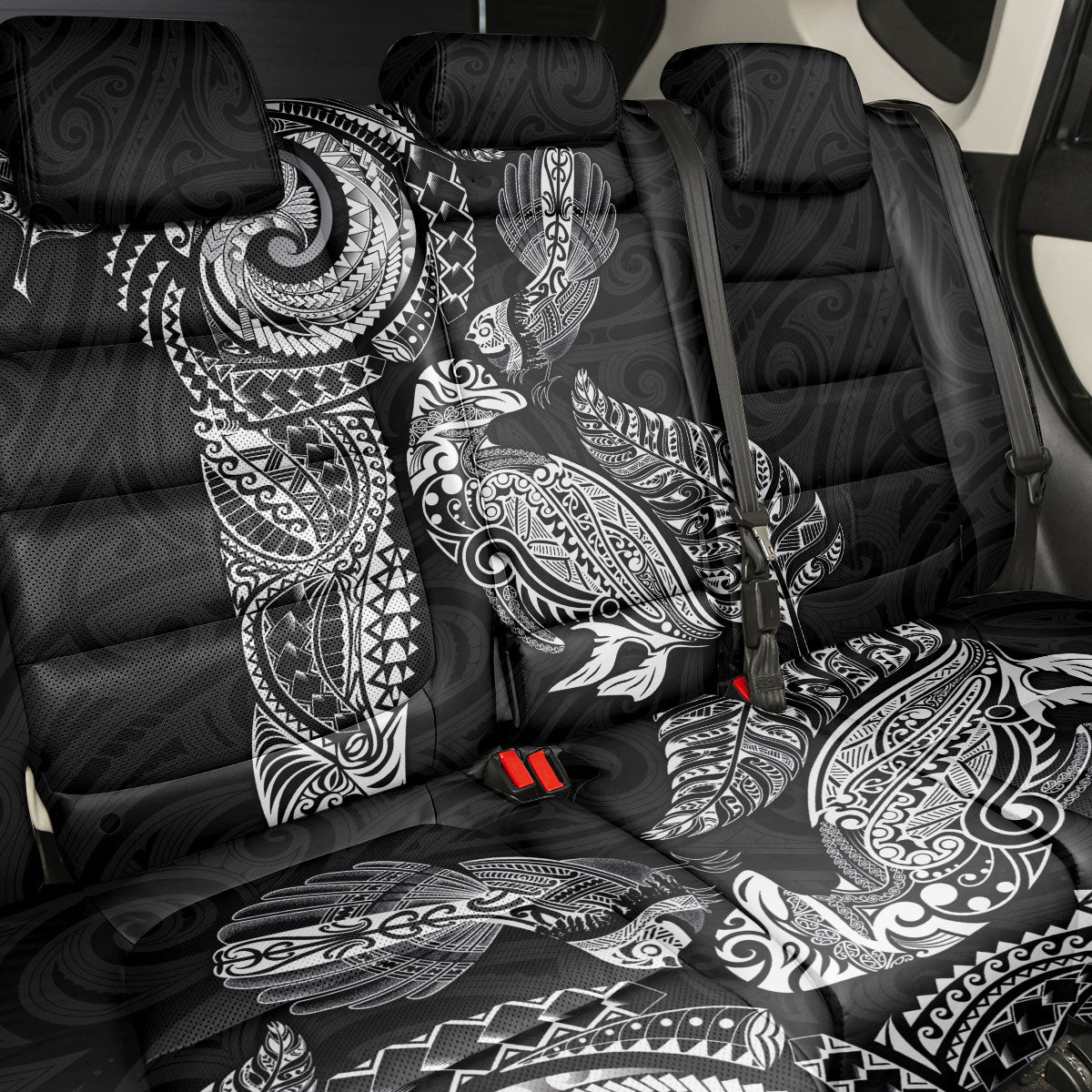 Aotearoa Moko Tribal Tattoo Back Car Seat Cover New Zealand Maori Penguin and Fantail Black Color LT03 - Polynesian Pride
