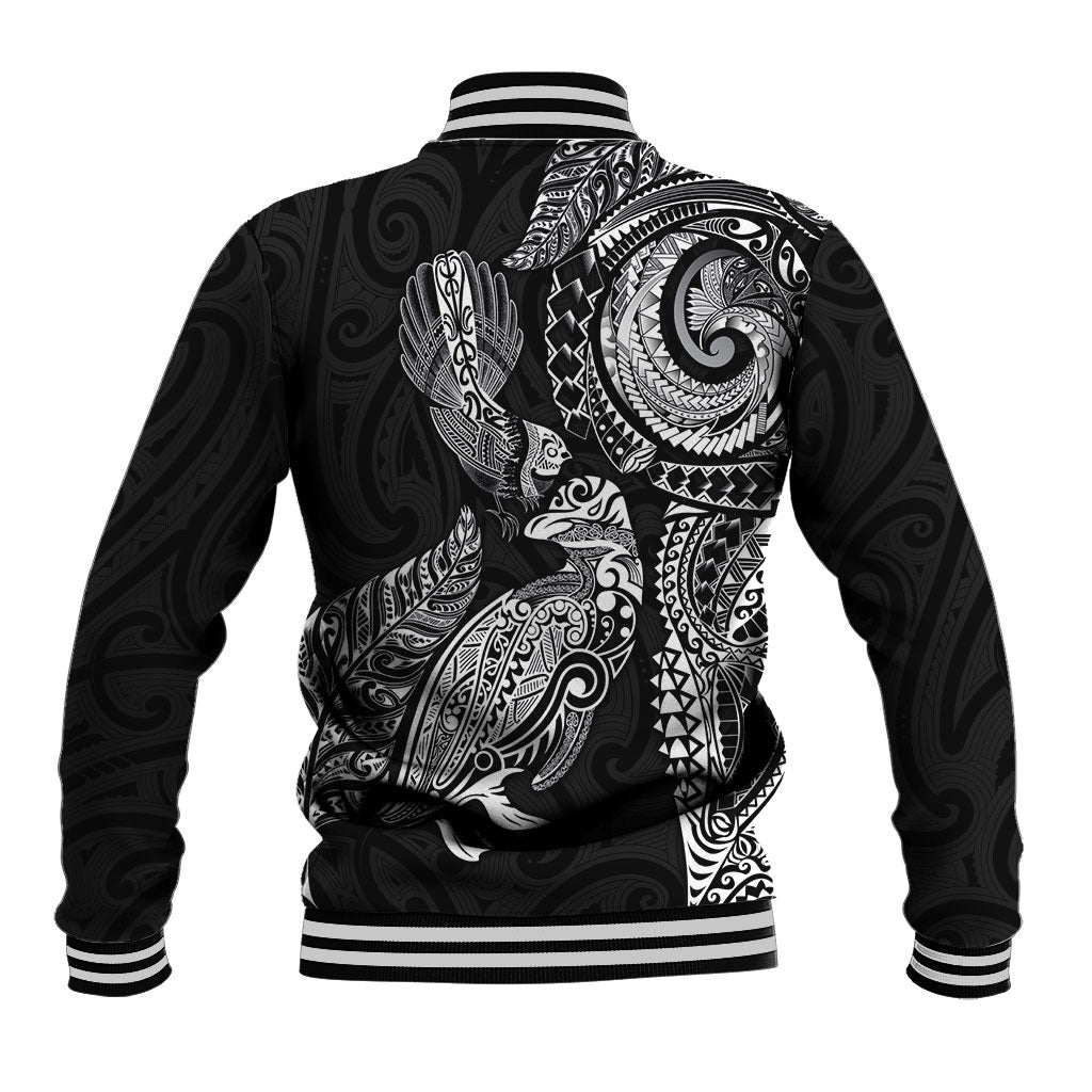 Aotearoa Moko Tribal Tattoo Baseball Jacket New Zealand Maori Penguin and Fantail Black Color LT03 - Polynesian Pride