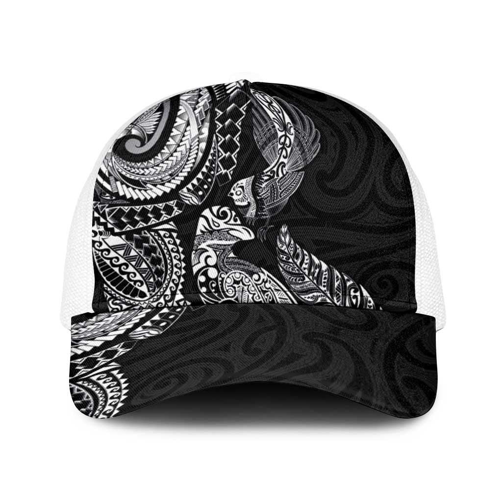 Aotearoa Moko Tribal Tattoo Baseball Net Cap New Zealand Maori Penguin and Fantail Black Color LT03 One Size White Black - Polynesian Pride