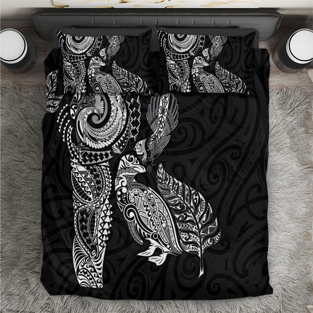 Aotearoa Moko Tribal Tattoo Bedding Set New Zealand Maori Penguin and Fantail Black Color
