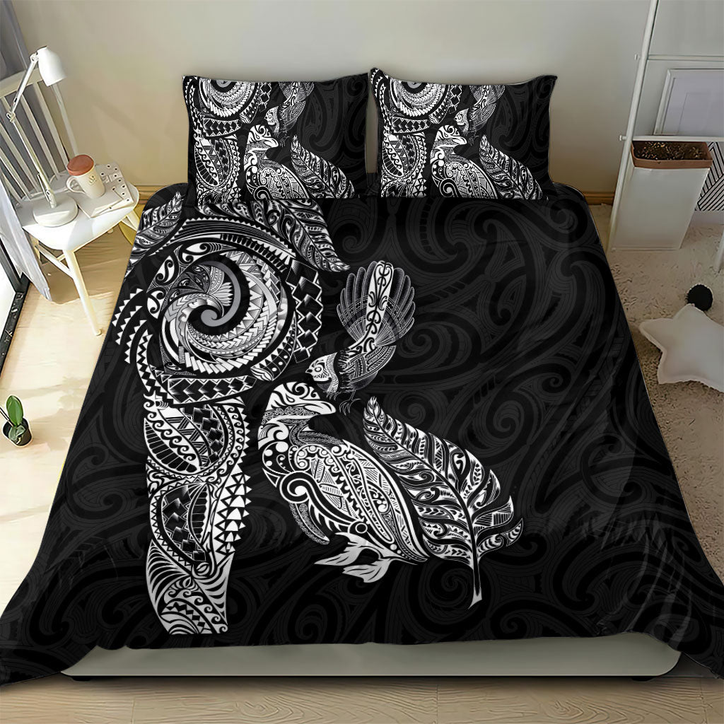 Aotearoa Moko Tribal Tattoo Bedding Set New Zealand Maori Penguin and Fantail Black Color