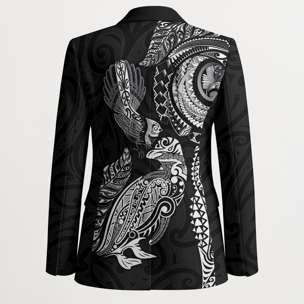 Aotearoa Moko Tribal Tattoo Blazer New Zealand Maori Penguin and Fantail Black Color LT03 - Polynesian Pride
