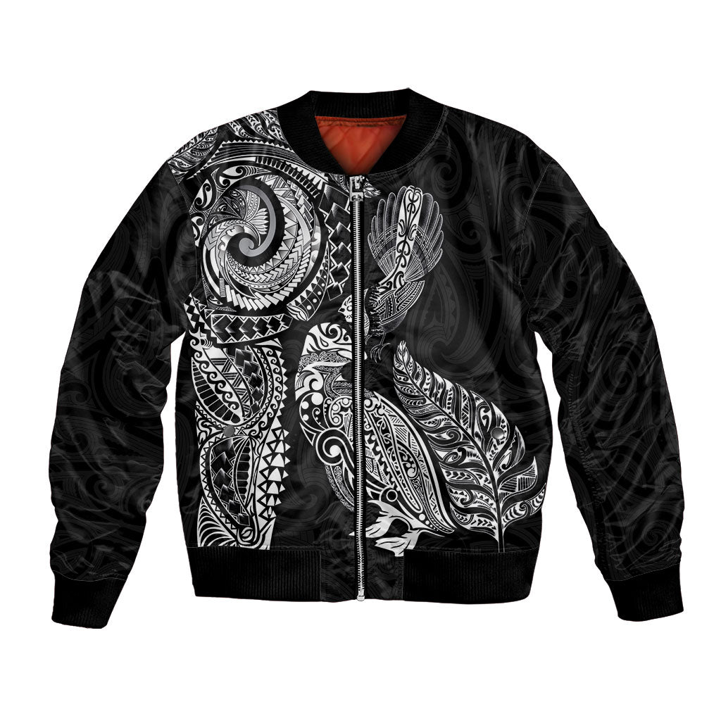 Aotearoa Moko Tribal Tattoo Bomber Jacket New Zealand Maori Penguin and Fantail Black Color