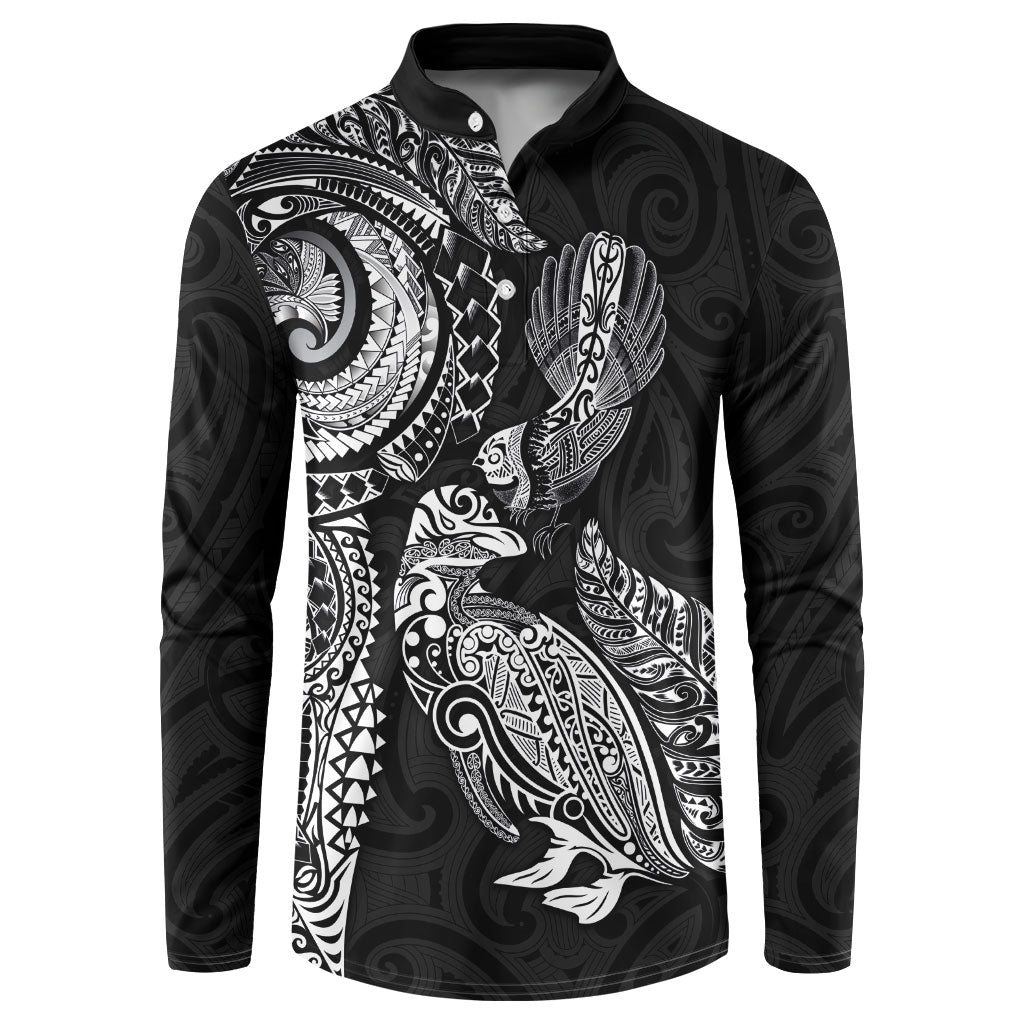 Aotearoa Moko Tribal Tattoo Button Sweatshirt New Zealand Maori Penguin and Fantail Black Color