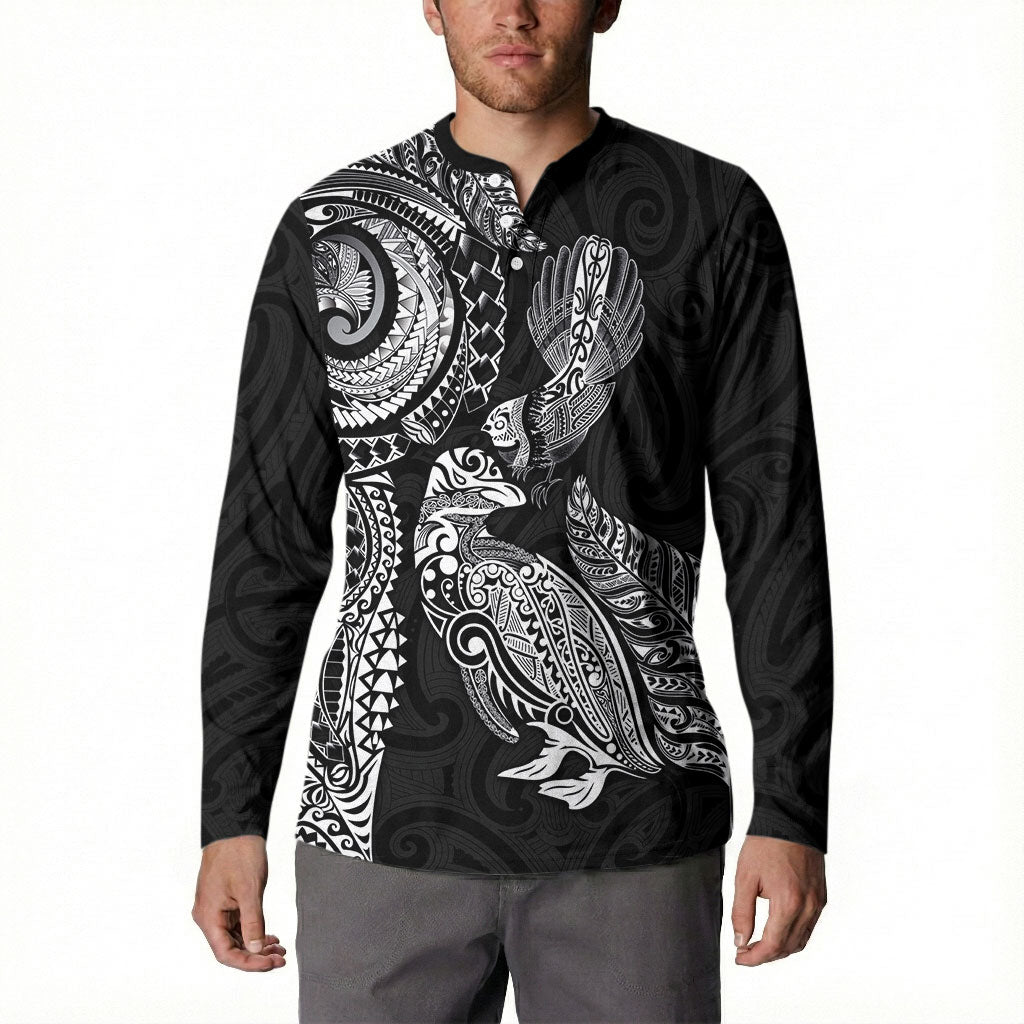 Aotearoa Moko Tribal Tattoo Button Sweatshirt New Zealand Maori Penguin and Fantail Black Color LT03 - Polynesian Pride