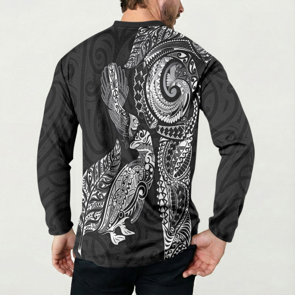 Aotearoa Moko Tribal Tattoo Button Sweatshirt New Zealand Maori Penguin and Fantail Black Color LT03 - Polynesian Pride