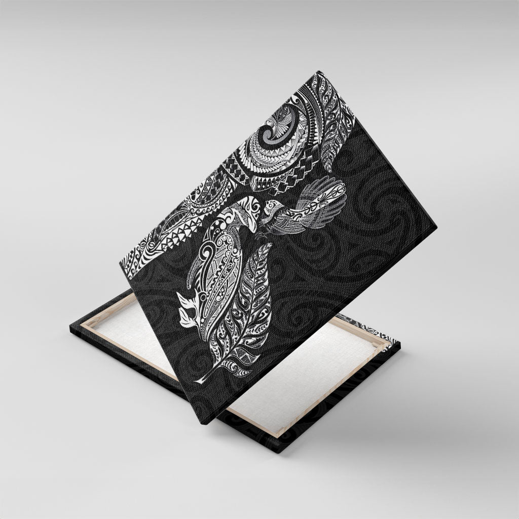 Aotearoa Moko Tribal Tattoo Canvas Wall Art New Zealand Maori Penguin and Fantail Black Color LT03 With Frame Black - Polynesian Pride