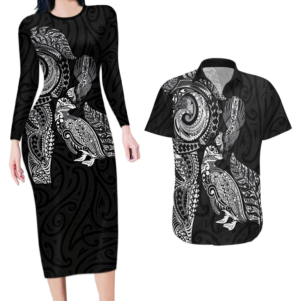 Aotearoa Moko Tribal Tattoo Couples Matching Long Sleeve Bodycon Dress and Hawaiian Shirt New Zealand Maori Penguin and Fantail Black Color
