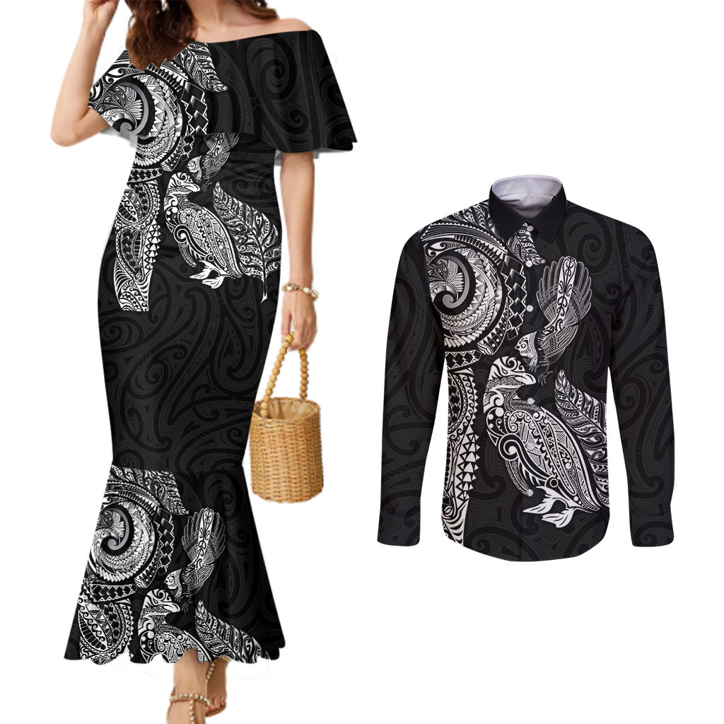 Aotearoa Moko Tribal Tattoo Couples Matching Mermaid Dress and Long Sleeve Button Shirt New Zealand Maori Penguin and Fantail Black Color