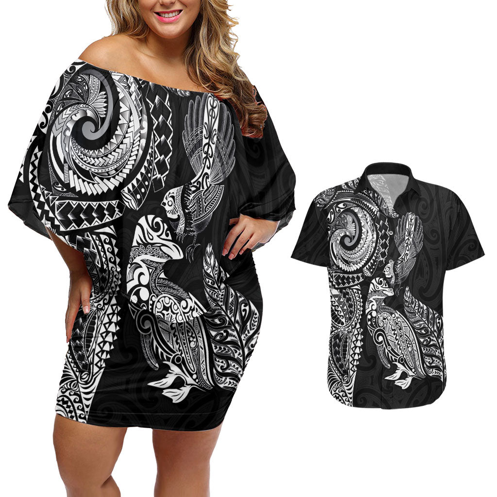 Aotearoa Moko Tribal Tattoo Couples Matching Off Shoulder Short Dress and Hawaiian Shirt New Zealand Maori Penguin and Fantail Black Color LT03 Black - Polynesian Pride