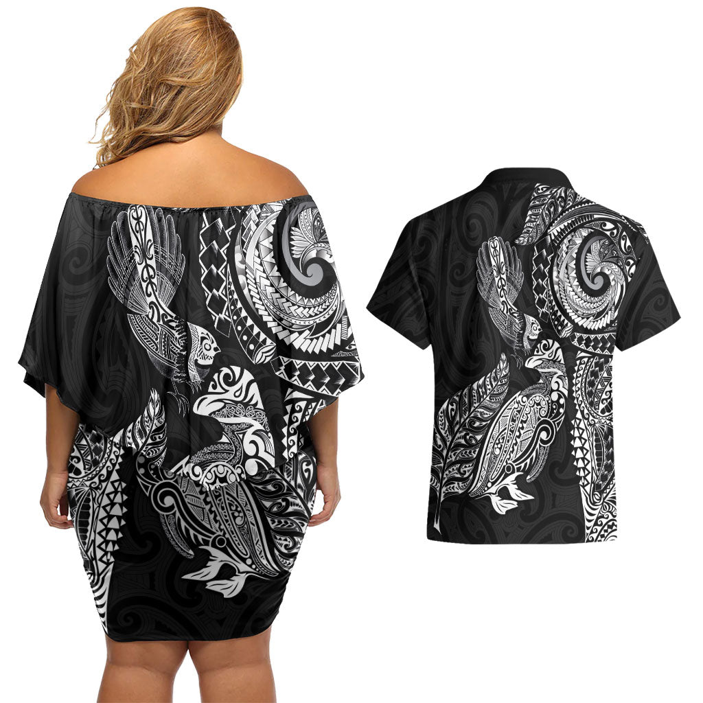 Aotearoa Moko Tribal Tattoo Couples Matching Off Shoulder Short Dress and Hawaiian Shirt New Zealand Maori Penguin and Fantail Black Color LT03 - Polynesian Pride