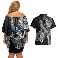 Aotearoa Moko Tribal Tattoo Couples Matching Off Shoulder Short Dress and Hawaiian Shirt New Zealand Maori Penguin and Fantail Black Color LT03 - Polynesian Pride