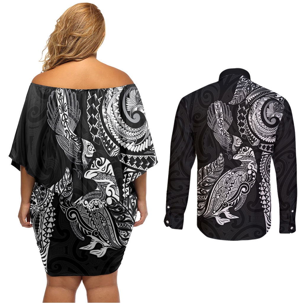 Aotearoa Moko Tribal Tattoo Couples Matching Off Shoulder Short Dress and Long Sleeve Button Shirt New Zealand Maori Penguin and Fantail Black Color LT03 - Polynesian Pride