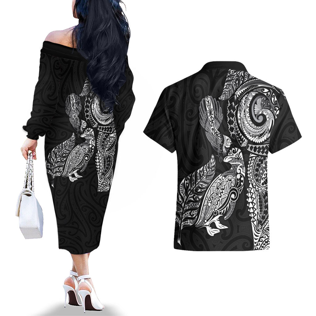 Aotearoa Moko Tribal Tattoo Couples Matching Off The Shoulder Long Sleeve Dress and Hawaiian Shirt New Zealand Maori Penguin and Fantail Black Color LT03 - Polynesian Pride