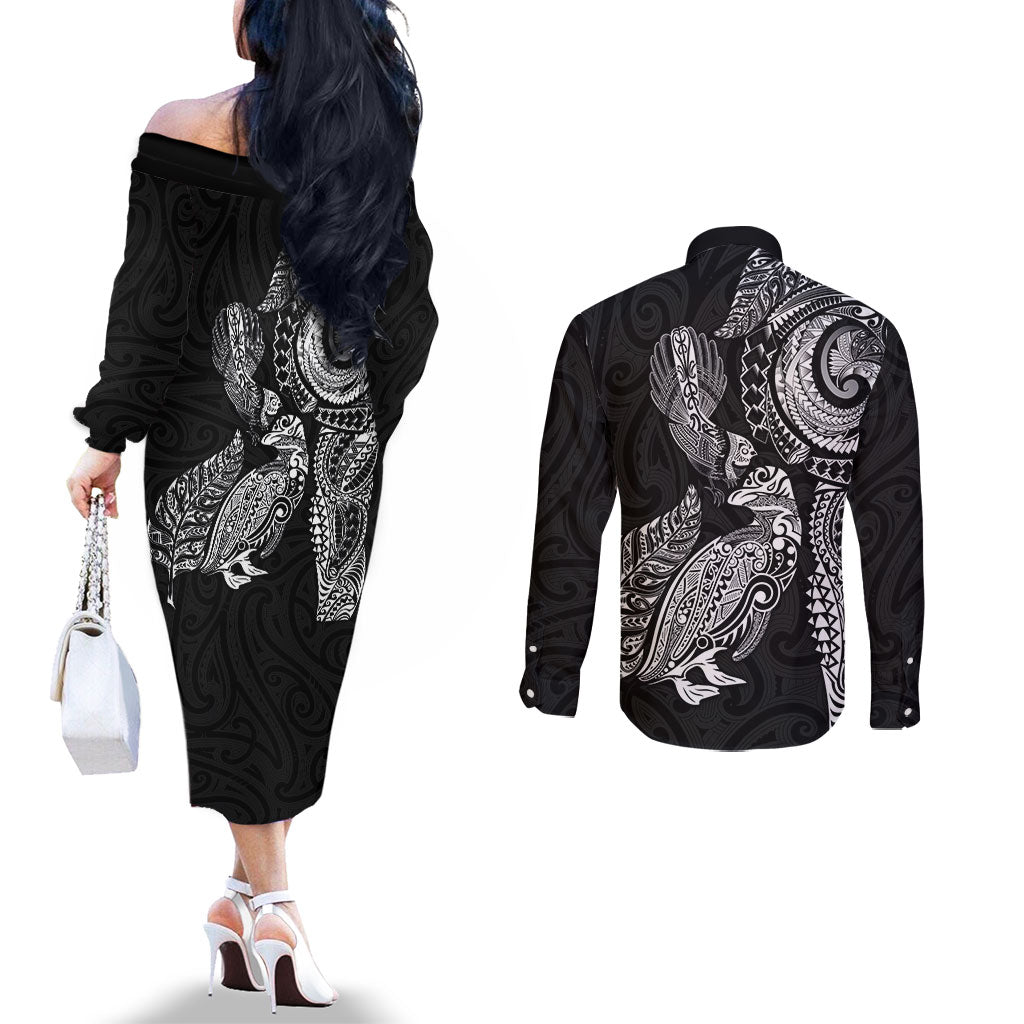 Aotearoa Moko Tribal Tattoo Couples Matching Off The Shoulder Long Sleeve Dress and Long Sleeve Button Shirt New Zealand Maori Penguin and Fantail Black Color LT03 - Polynesian Pride