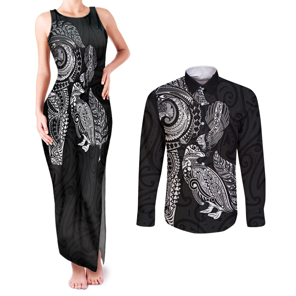 Aotearoa Moko Tribal Tattoo Couples Matching Tank Maxi Dress and Long Sleeve Button Shirt New Zealand Maori Penguin and Fantail Black Color