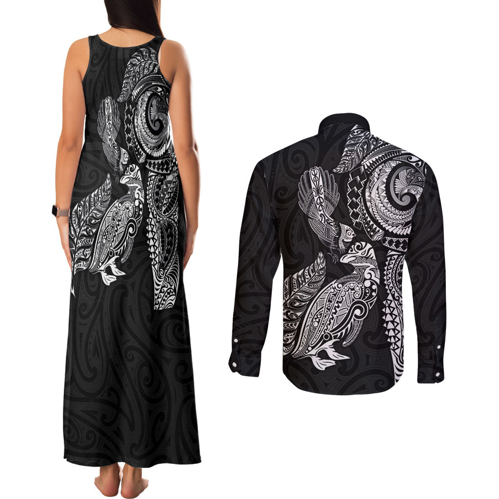 Aotearoa Moko Tribal Tattoo Couples Matching Tank Maxi Dress and Long Sleeve Button Shirt New Zealand Maori Penguin and Fantail Black Color LT03 - Polynesian Pride