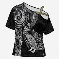 Aotearoa Moko Tribal Tattoo Cross Shoulder Shirt New Zealand Maori Penguin and Fantail Black Color LT03 Female Black - Polynesian Pride