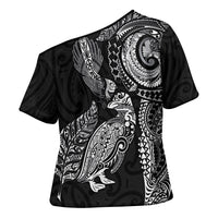 Aotearoa Moko Tribal Tattoo Cross Shoulder Shirt New Zealand Maori Penguin and Fantail Black Color LT03 - Polynesian Pride
