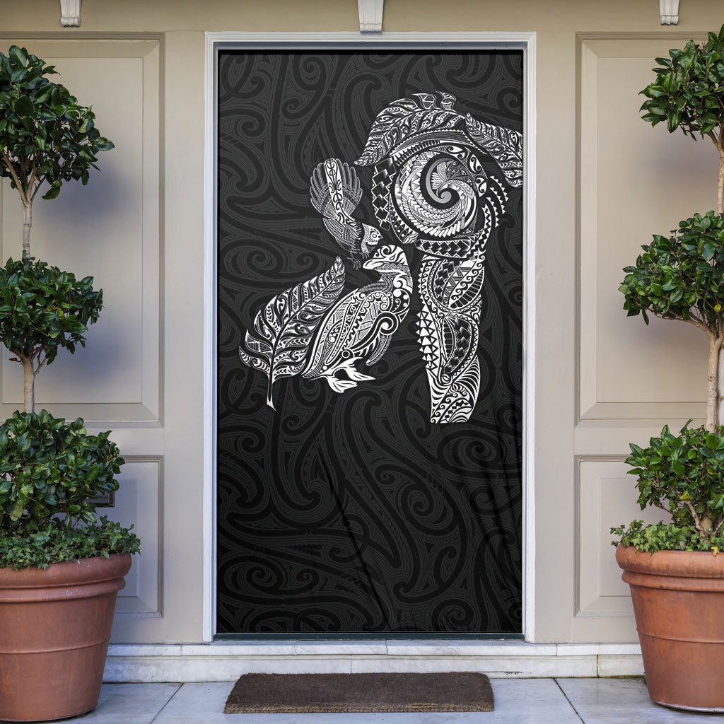Aotearoa Moko Tribal Tattoo Door Cover New Zealand Maori Penguin and Fantail Black Color