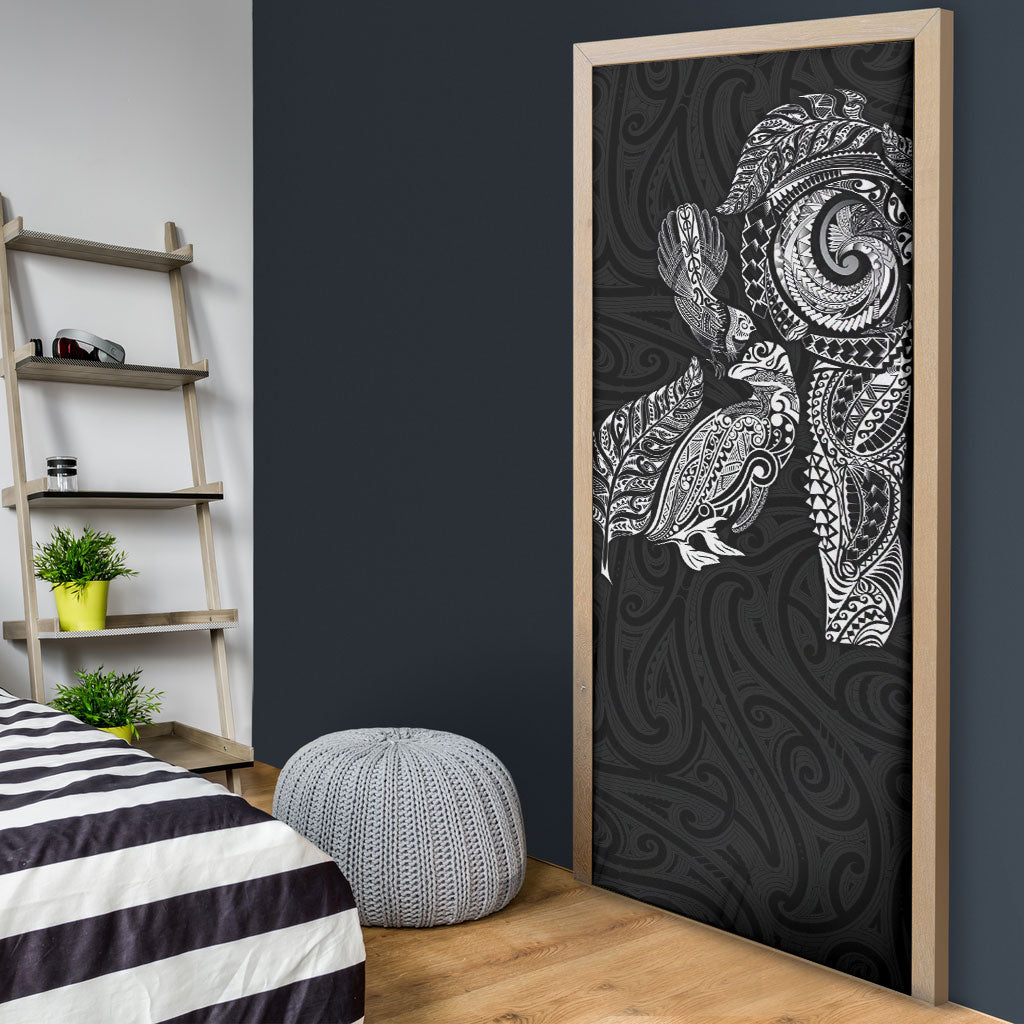 Aotearoa Moko Tribal Tattoo Door Cover New Zealand Maori Penguin and Fantail Black Color