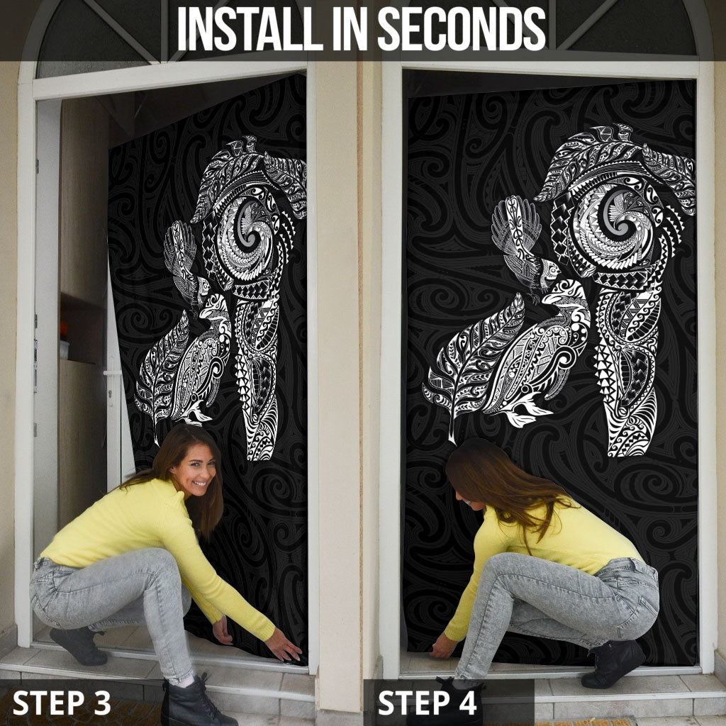 Aotearoa Moko Tribal Tattoo Door Cover New Zealand Maori Penguin and Fantail Black Color