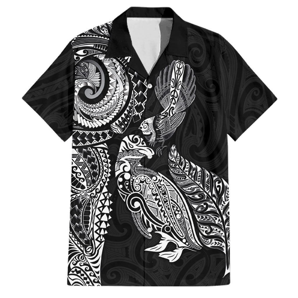Aotearoa Moko Tribal Tattoo Family Matching Long Sleeve Bodycon Dress and Hawaiian Shirt New Zealand Maori Penguin and Fantail Black Color LT03 Dad's Shirt - Short Sleeve Black - Polynesian Pride