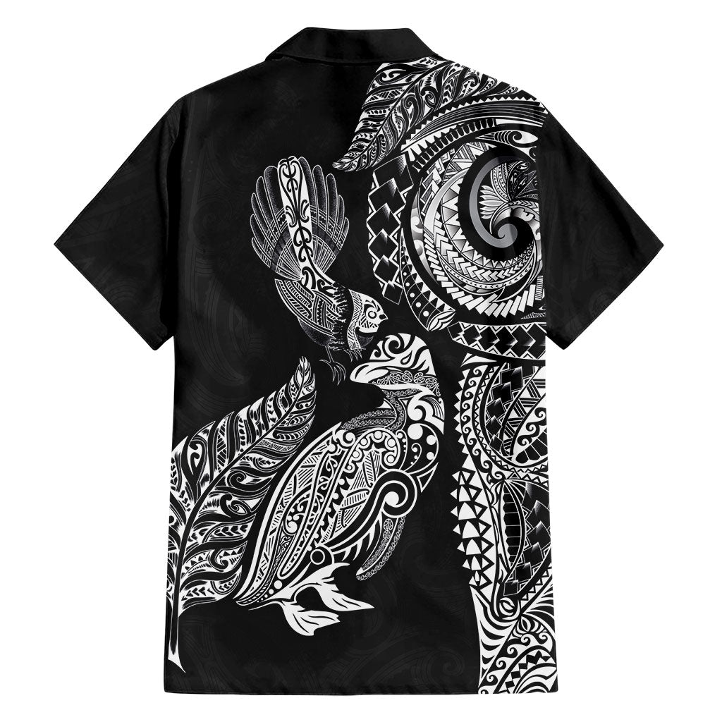Aotearoa Moko Tribal Tattoo Family Matching Mermaid Dress and Hawaiian Shirt New Zealand Maori Penguin and Fantail Black Color LT03 - Polynesian Pride