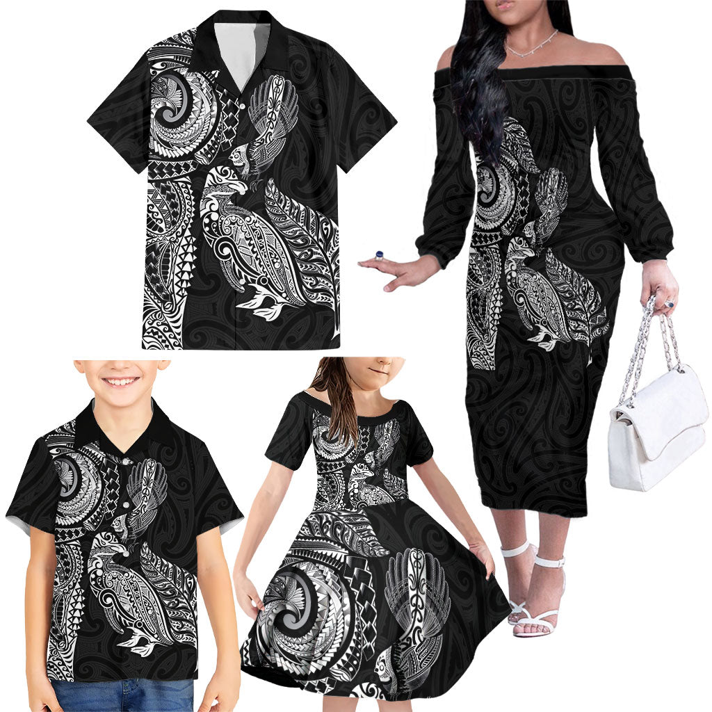 Aotearoa Moko Tribal Tattoo Family Matching Off The Shoulder Long Sleeve Dress and Hawaiian Shirt New Zealand Maori Penguin and Fantail Black Color LT03 - Polynesian Pride