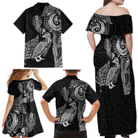 Aotearoa Moko Tribal Tattoo Family Matching Off Shoulder Maxi Dress and Hawaiian Shirt New Zealand Maori Penguin and Fantail Black Color LT03 - Polynesian Pride