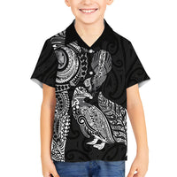 Aotearoa Moko Tribal Tattoo Family Matching Off Shoulder Maxi Dress and Hawaiian Shirt New Zealand Maori Penguin and Fantail Black Color LT03 Son's Shirt Black - Polynesian Pride