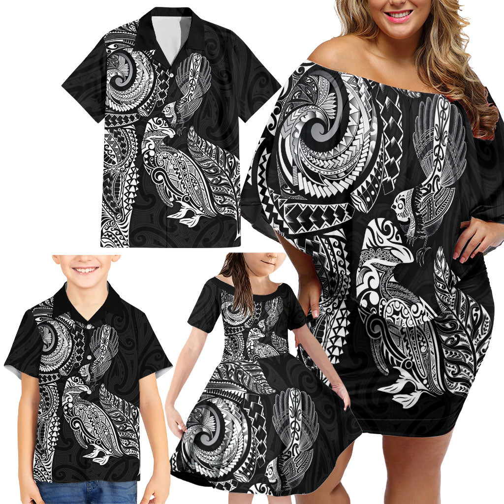 Aotearoa Moko Tribal Tattoo Family Matching Off Shoulder Short Dress and Hawaiian Shirt New Zealand Maori Penguin and Fantail Black Color