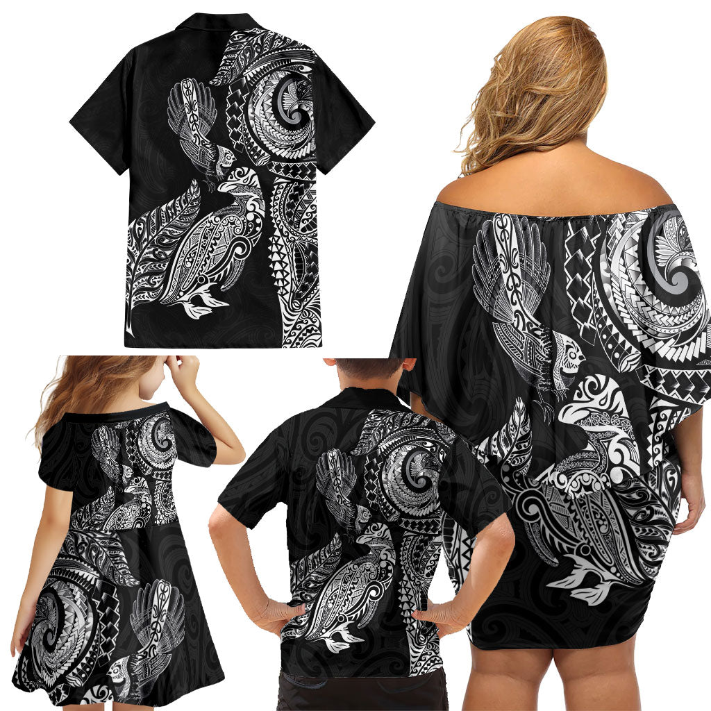 Aotearoa Moko Tribal Tattoo Family Matching Off Shoulder Short Dress and Hawaiian Shirt New Zealand Maori Penguin and Fantail Black Color LT03 - Polynesian Pride