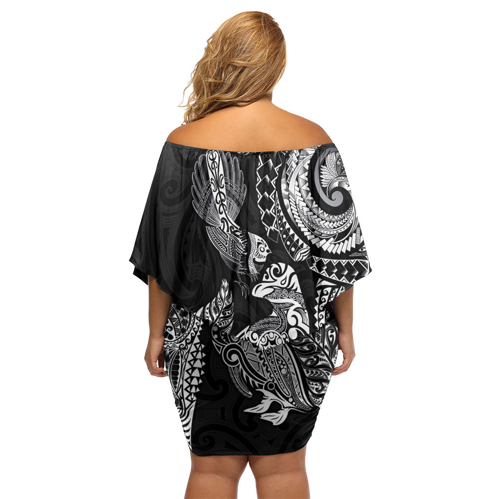 Aotearoa Moko Tribal Tattoo Family Matching Off Shoulder Short Dress and Hawaiian Shirt New Zealand Maori Penguin and Fantail Black Color LT03 - Polynesian Pride